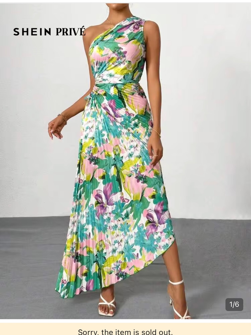One-Shoulder Floral Pleated Midi Dress in Green